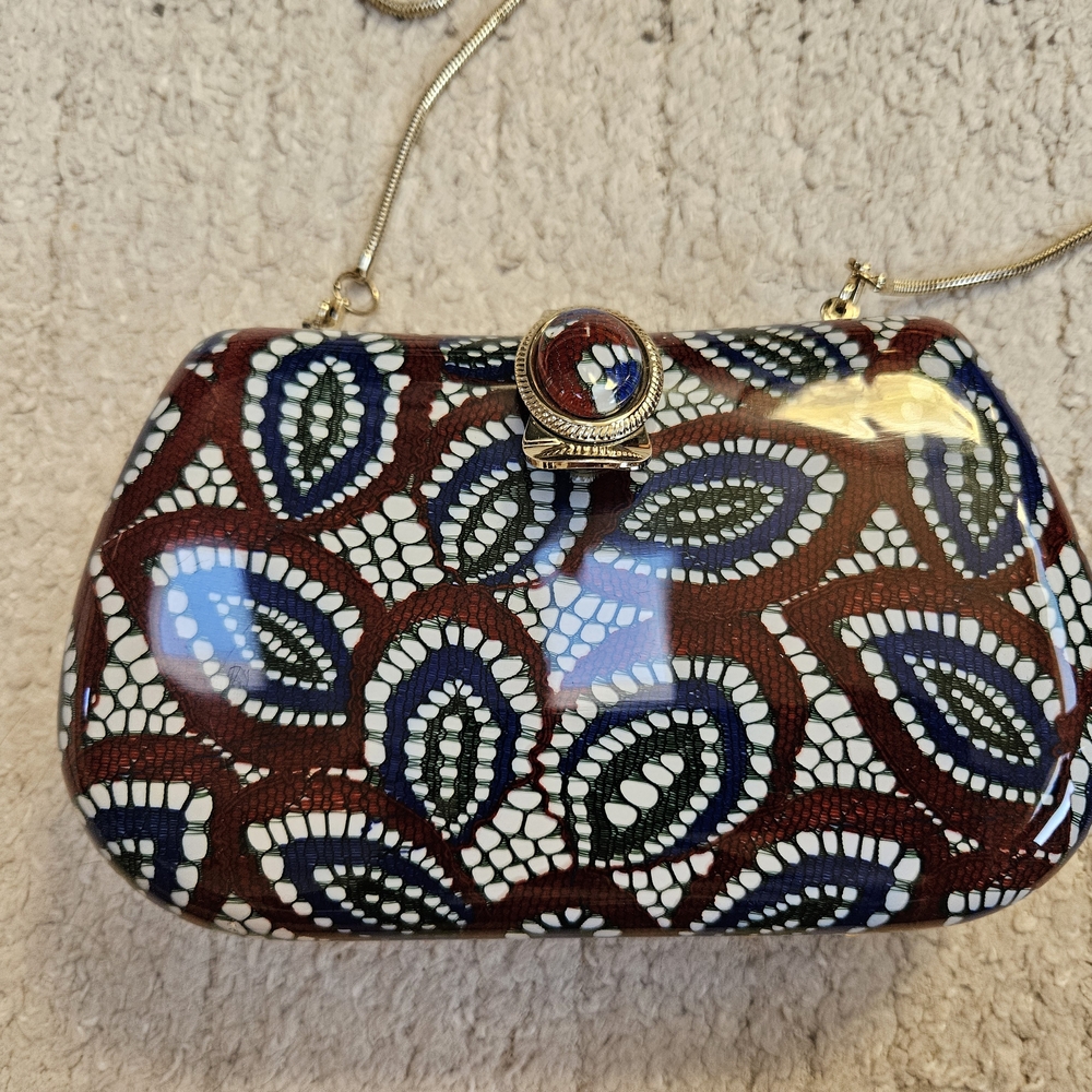 Source Unknown Brown and Blue Clutch with Intricate Pattern